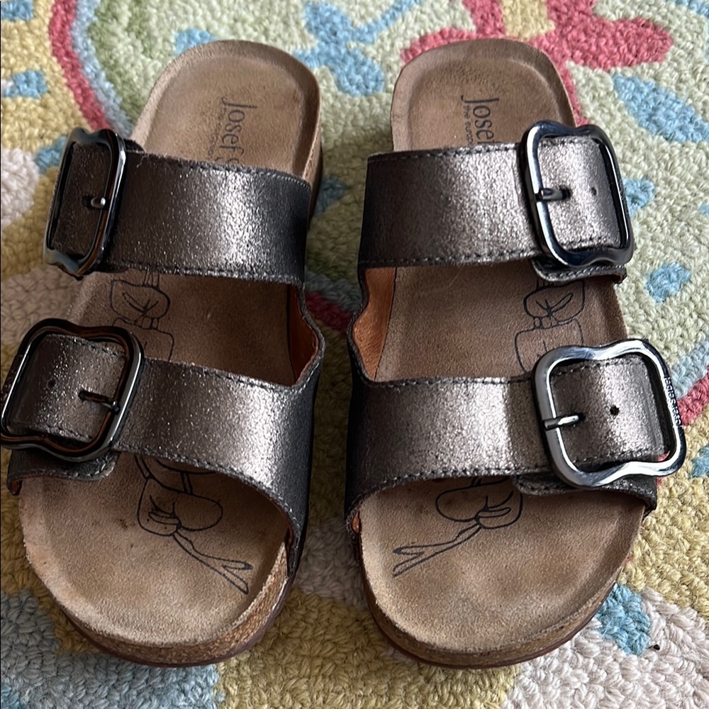 Josef Seibel Metallic Bronze Double Buckle Slide Sandals